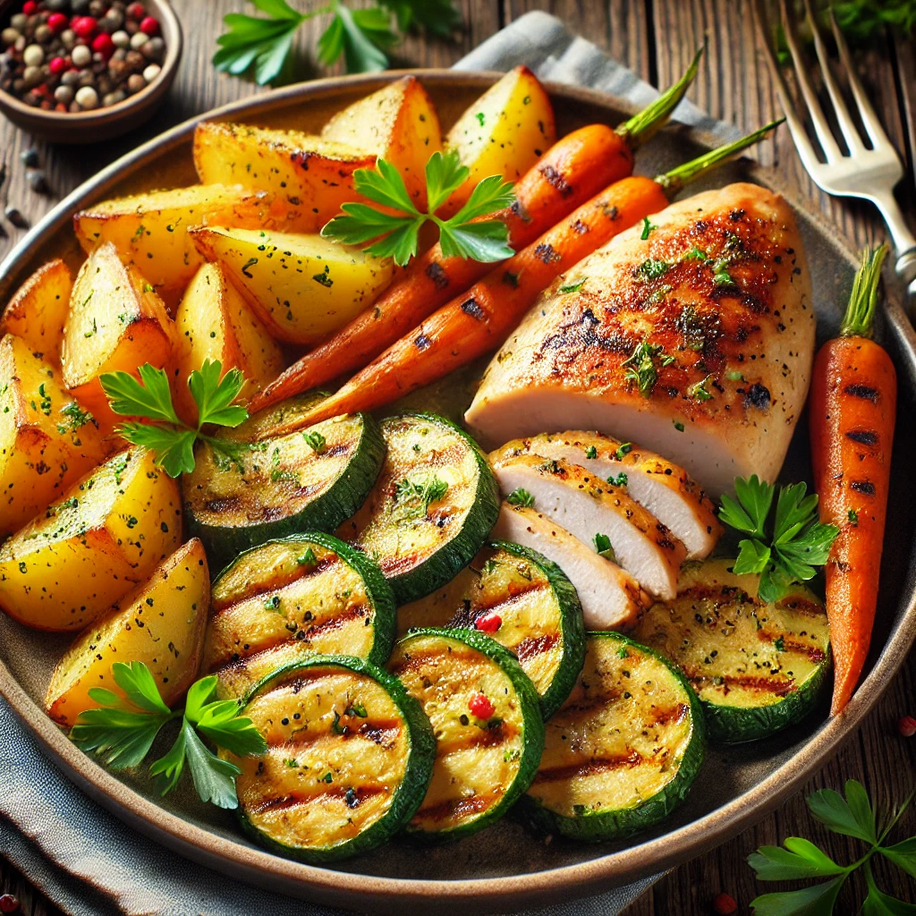 سیبزمینی کبابی با مرغ و سبزیجات