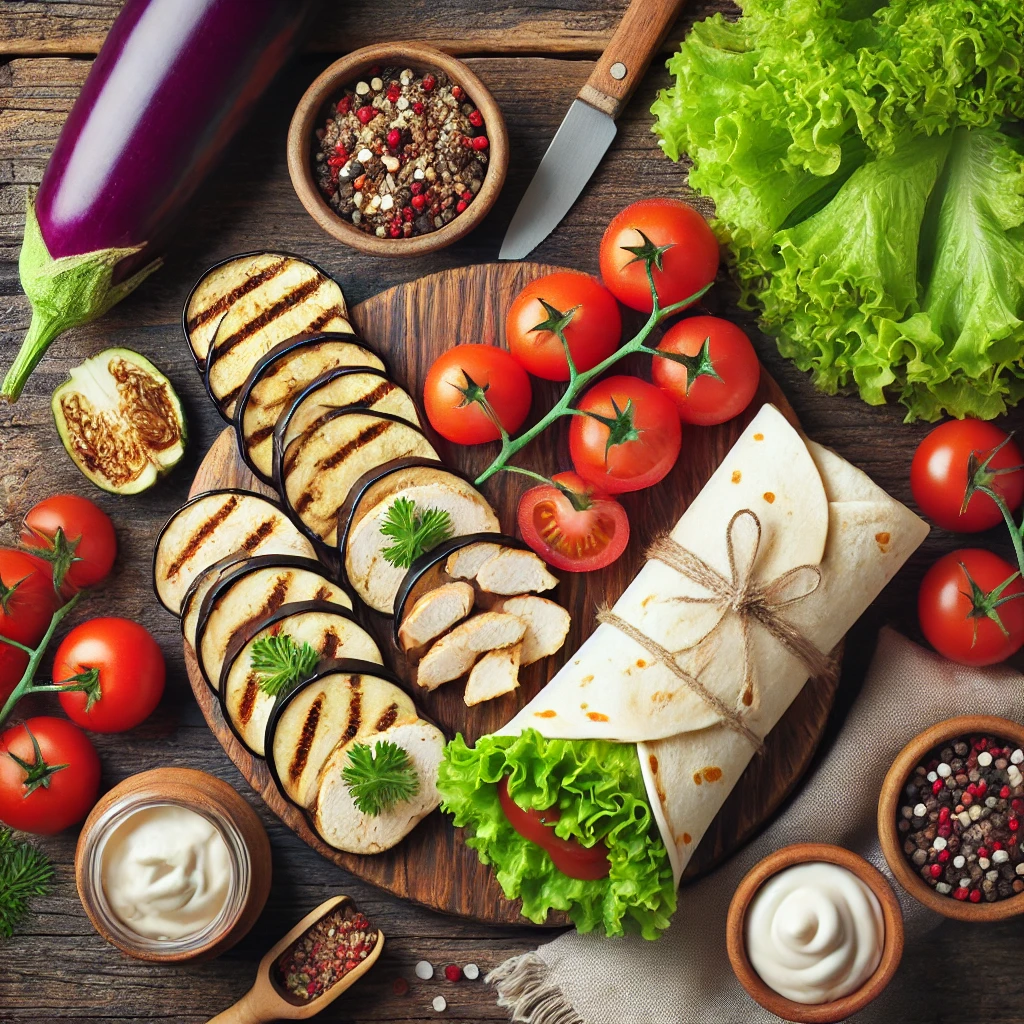 مواد لازم برای تهیه رپ مرغ و بادمجان