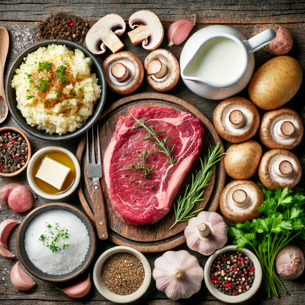 مواد لازم برای تهیه استیک با سس قارچ و پوره سیب زمینی