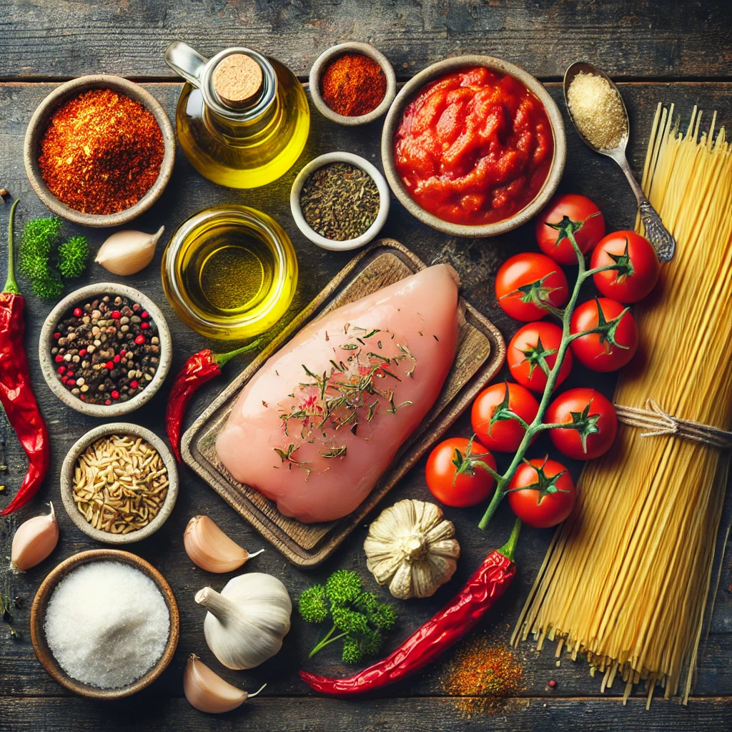 مواد لازم تهیه اسپاگتی با مرغ اسپایسی برای ۲ نفر