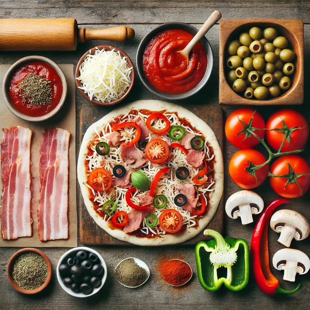 مواد لازم برای تهیه پیتزا بیکن و فلفل