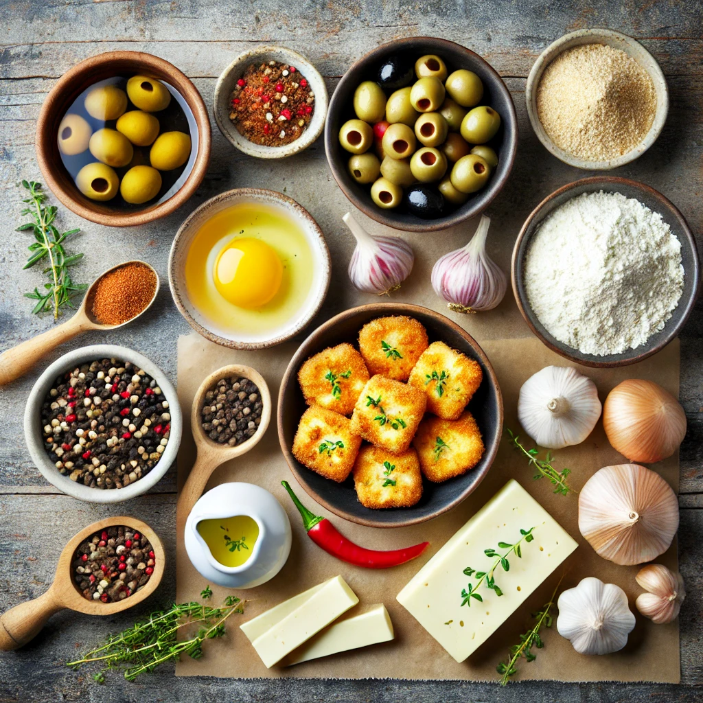 مواد لازم برای تهیه پنیر برشته با زیتون
