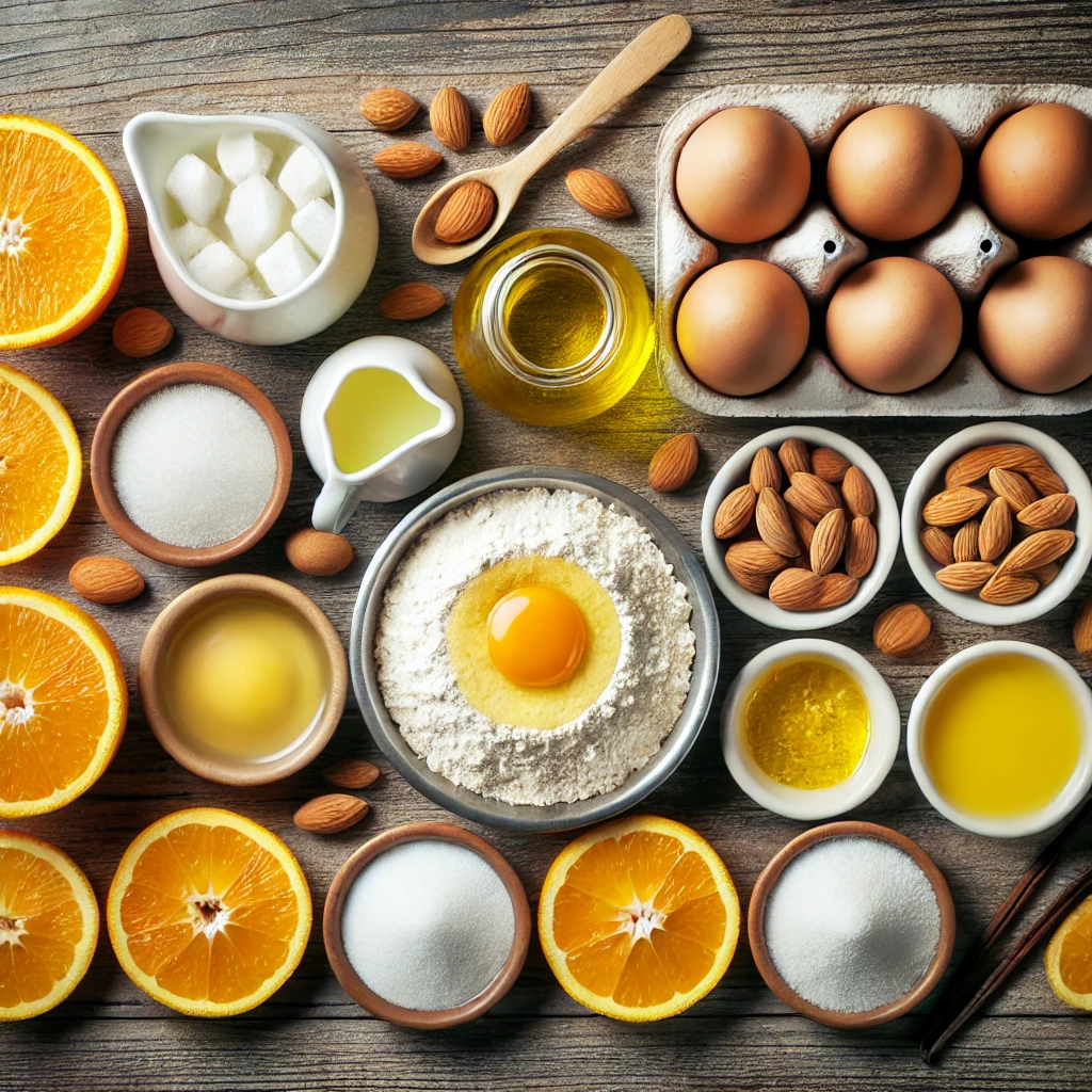 مواد لازم پخت کیک بادام و پرتقال برای 8 نفر