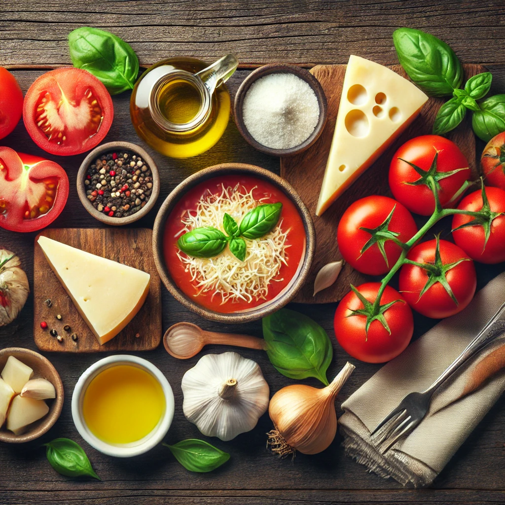 مواد لازم تهیه سوپ گوجه فرنگی و پنیر پارمزان برای 4 نفر